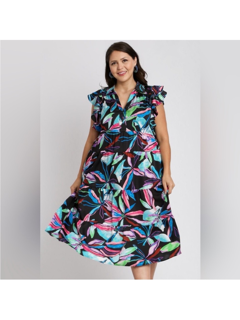 Umgee Floral Tiered Midi Dress with Ruffle Sleeves - Black Multi